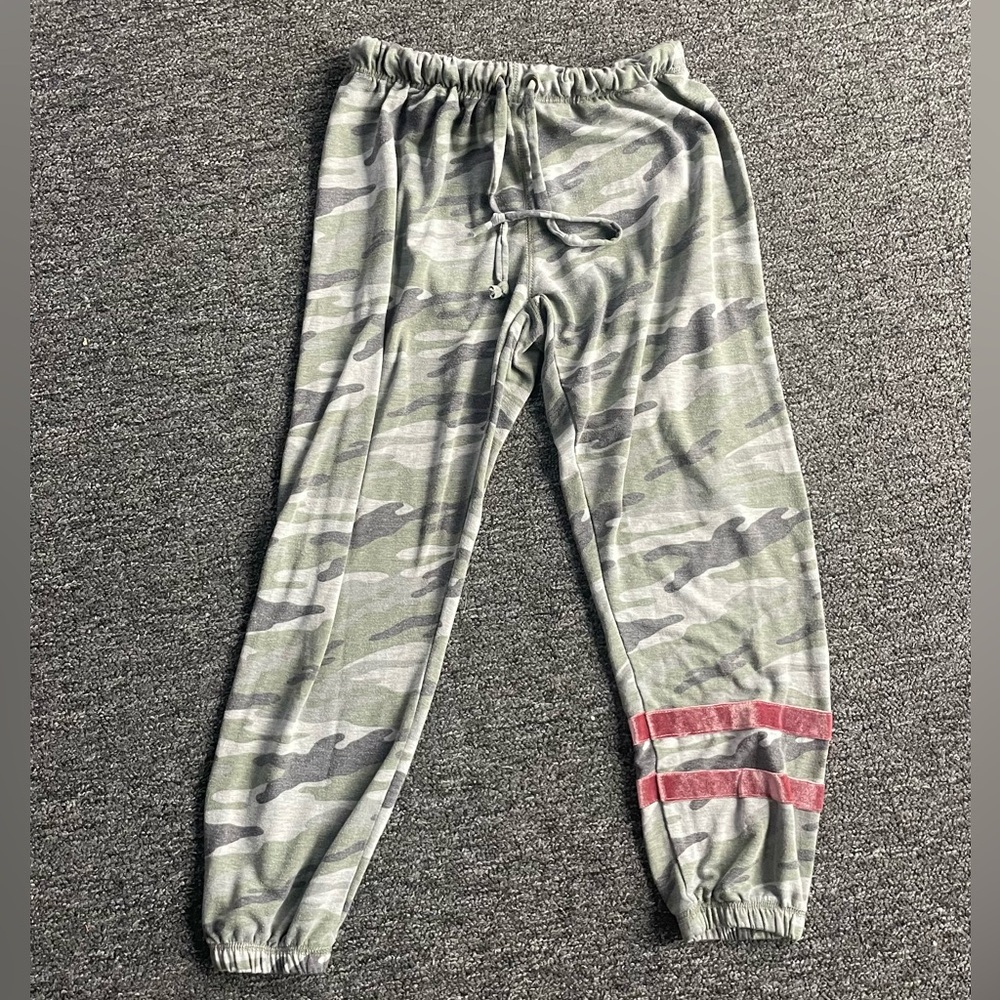 Vintage Havana Green Camo and Pink Velvet Stripe Joggers with Elastic Waistband